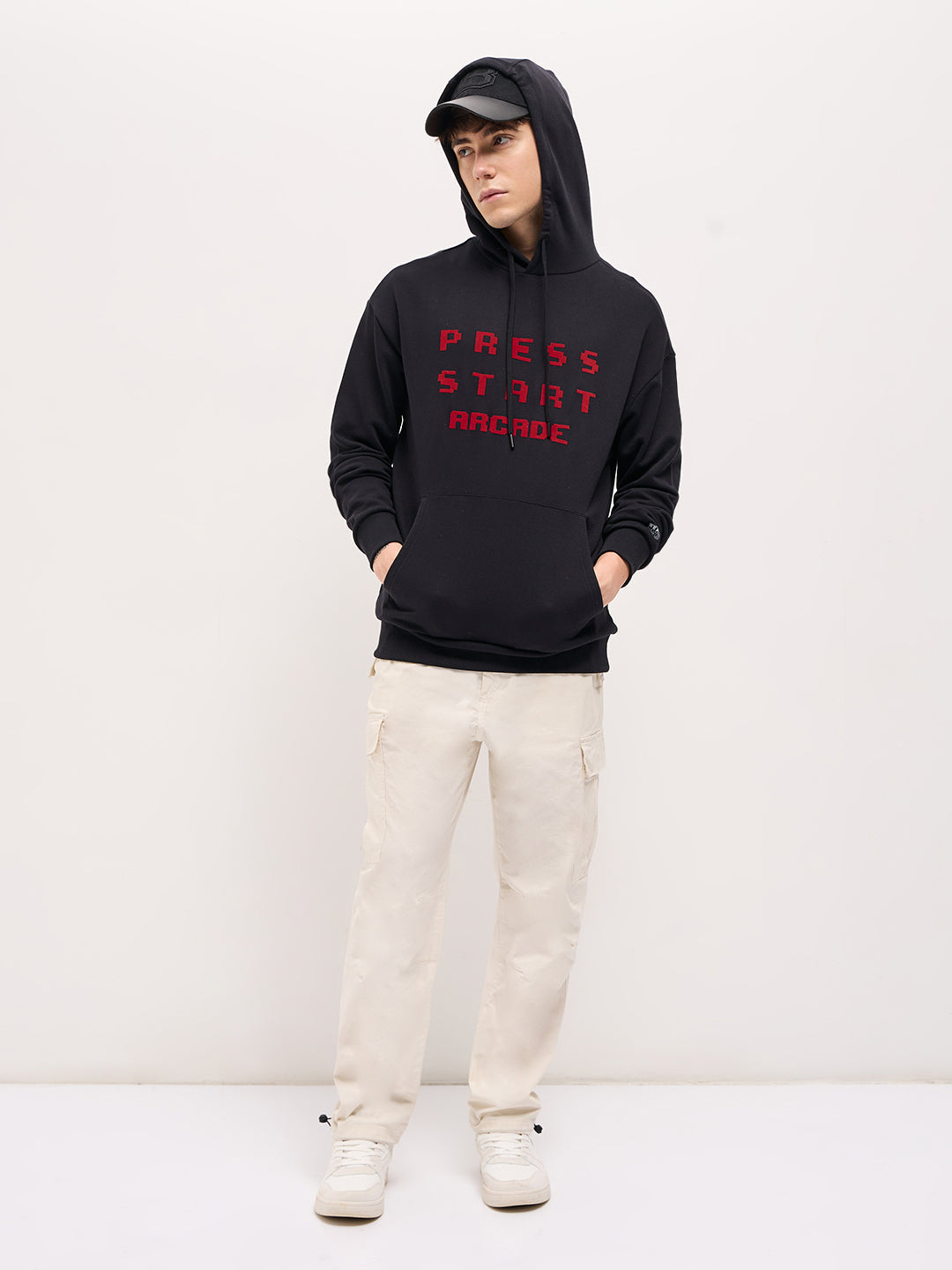 Men Black Pixelated Graphic Design Relax Fit Hoodie
