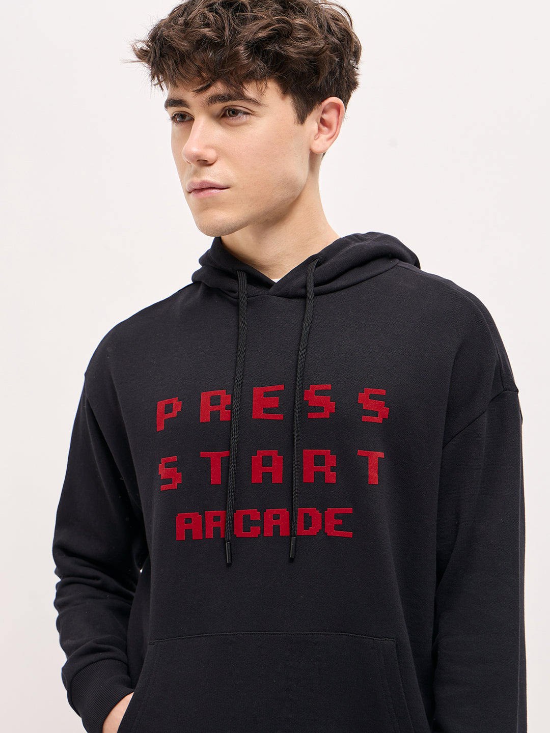 Men Black Pixelated Graphic Design Relax Fit Hoodie