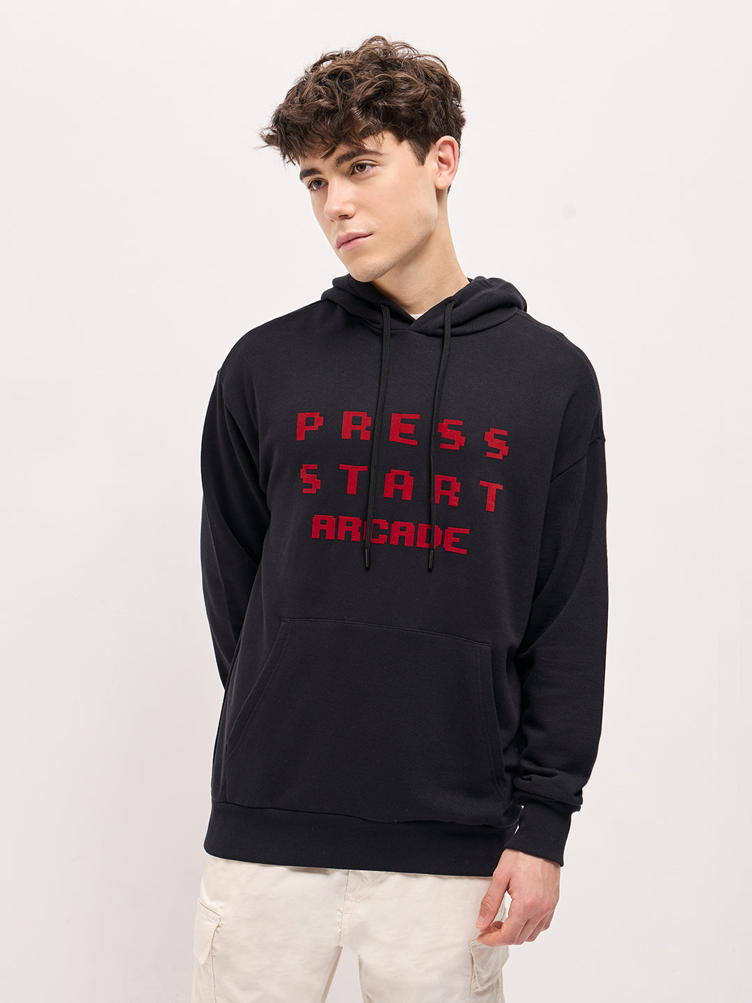Men Black Pixelated Graphic Design Relax Fit Hoodie