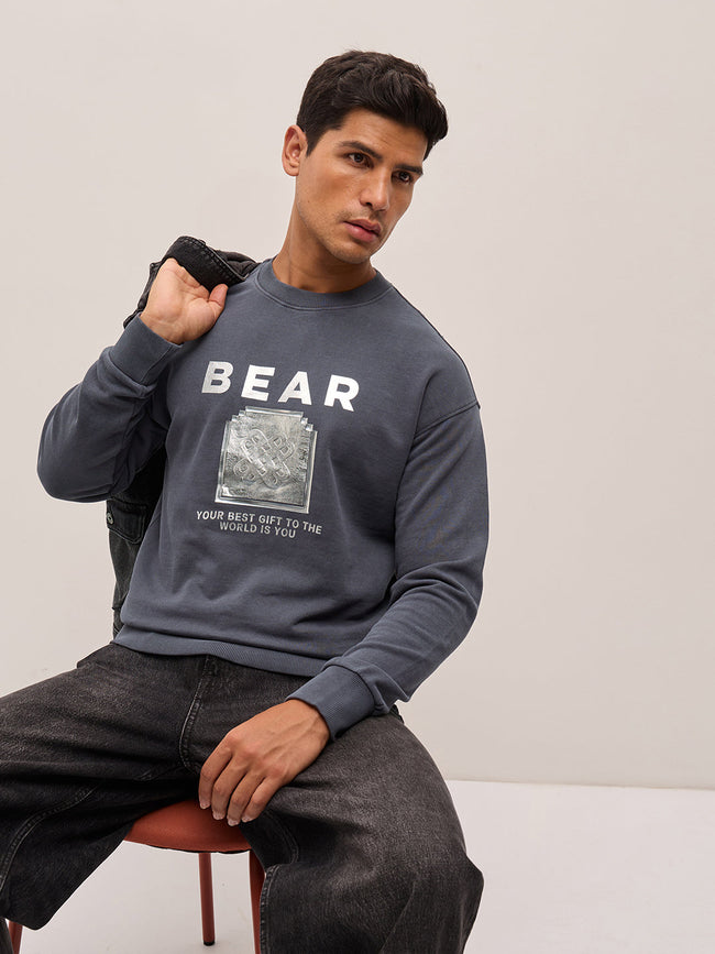 Men Grey Graphic Printed Relax Fit Crew Neck Sweatshirt