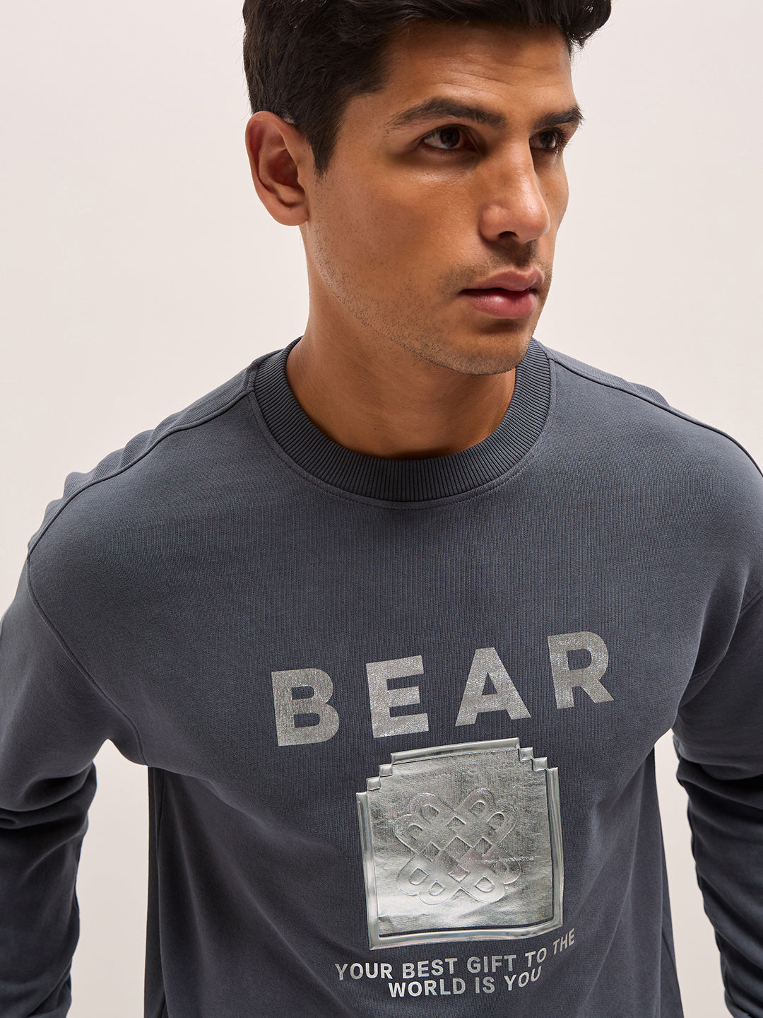 Men Grey Graphic Printed Relax Fit Crew Neck Sweatshirt