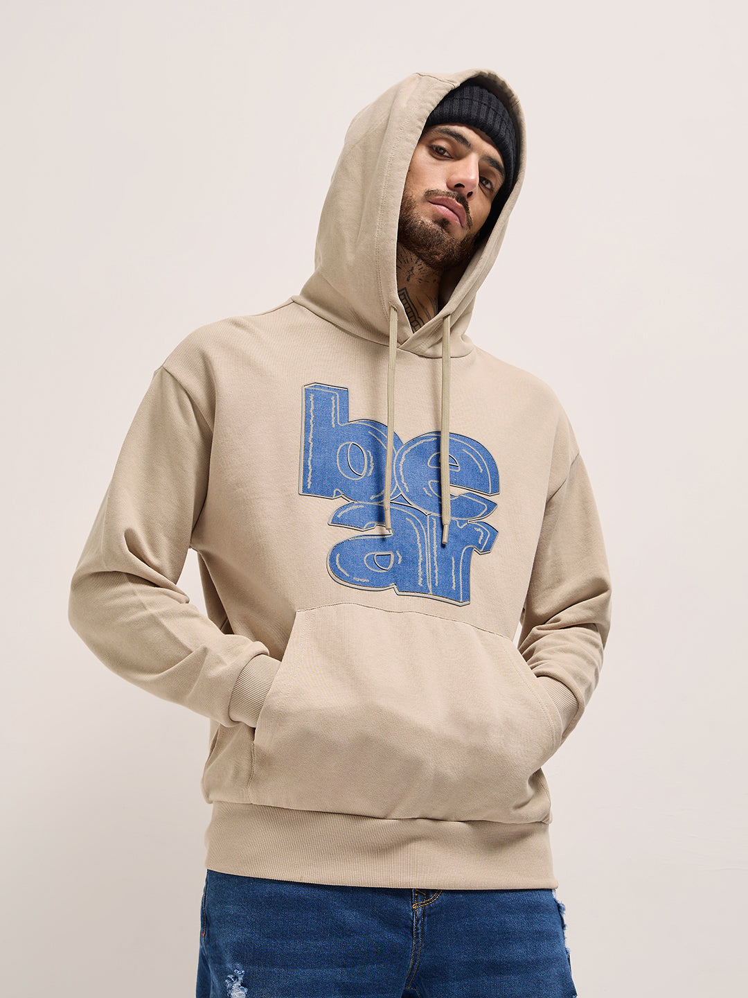 Men Beige Graphic Distressed Design Relax Fit Hoodie