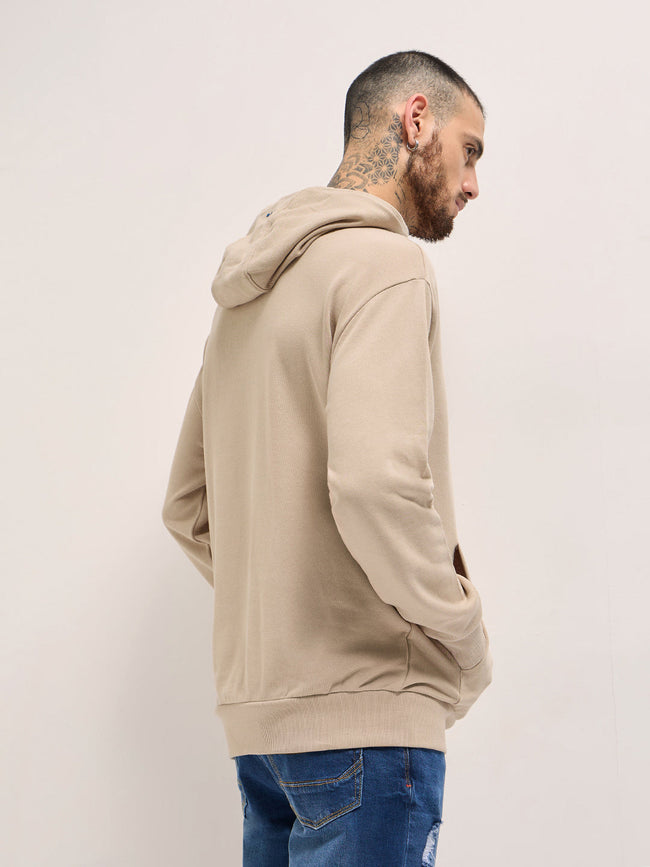 Men Beige Graphic Distressed Design Relax Fit Hoodie
