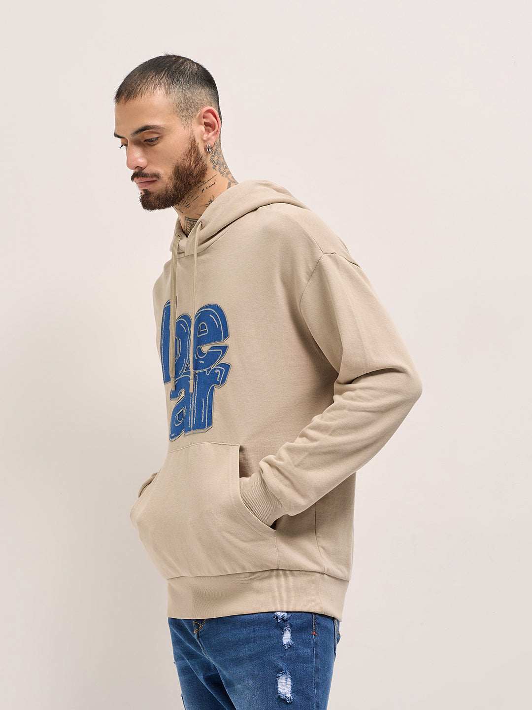 Men Beige Graphic Distressed Design Relax Fit Hoodie