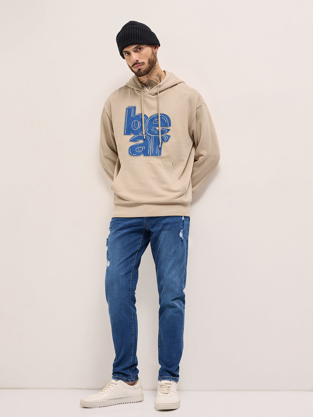 Men Beige Graphic Distressed Design Relax Fit Hoodie