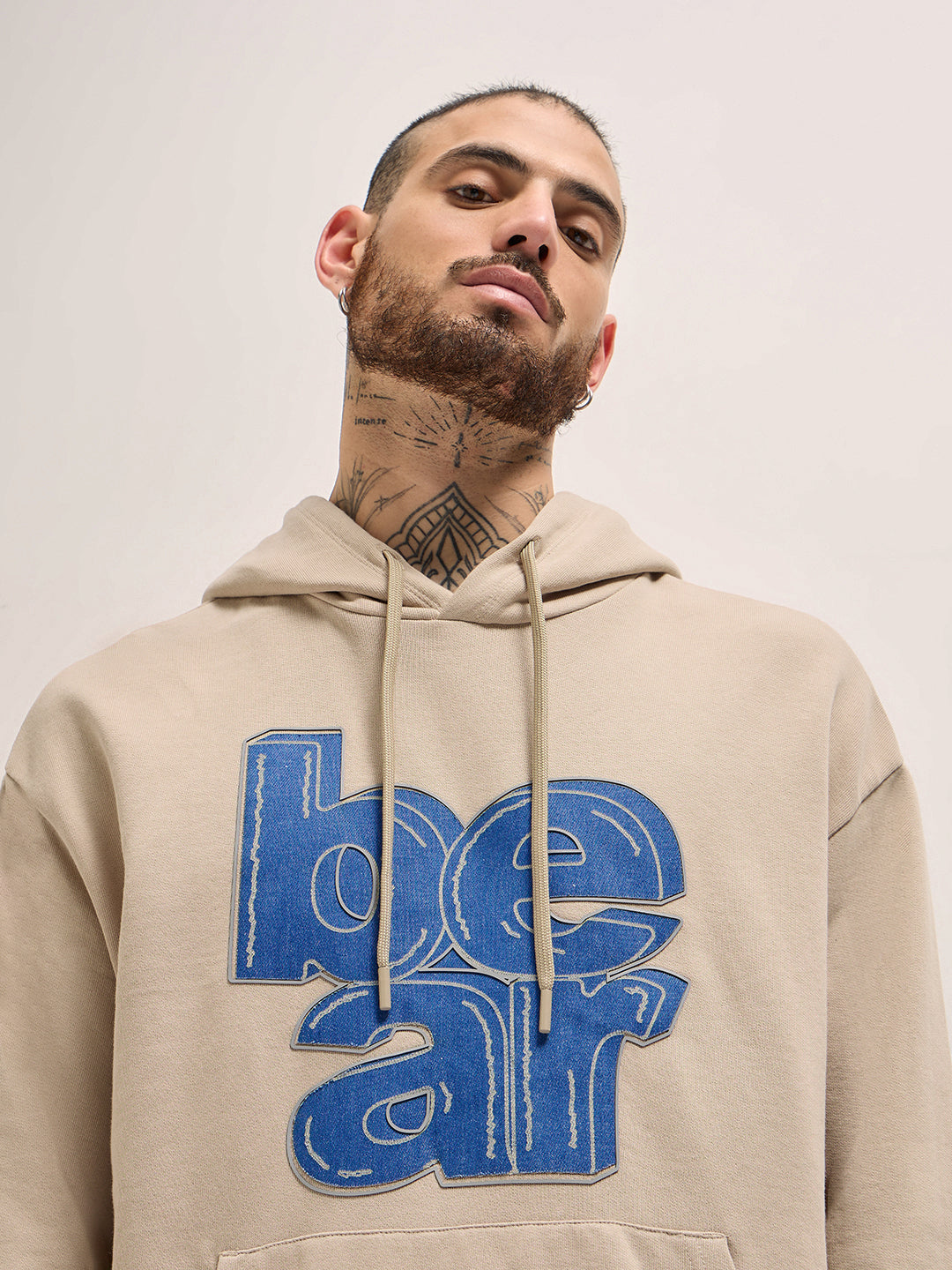 Men Beige Graphic Distressed Design Relax Fit Hoodie
