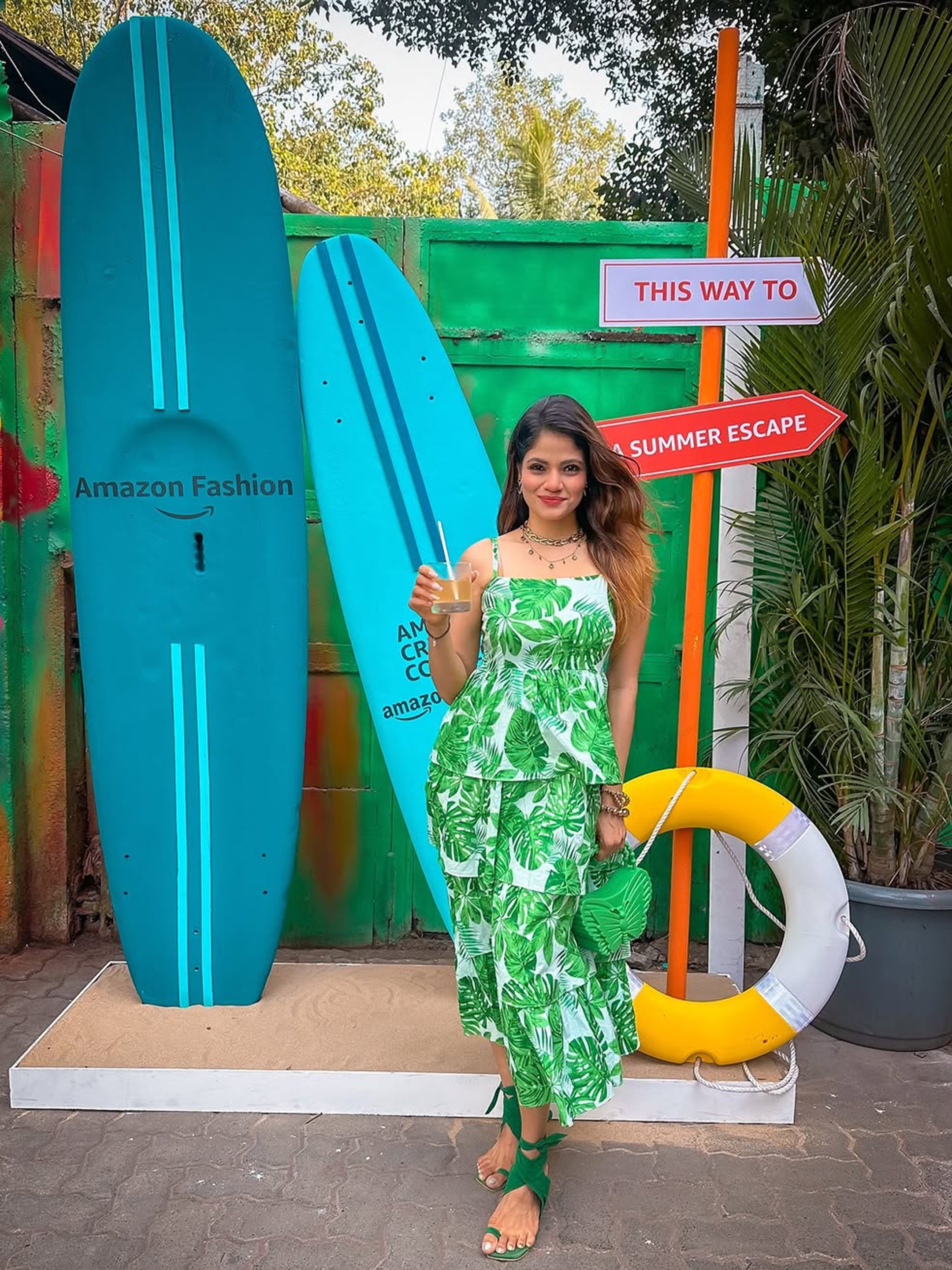 Women Green Leaf Printed Frill Strappy Midi Dress