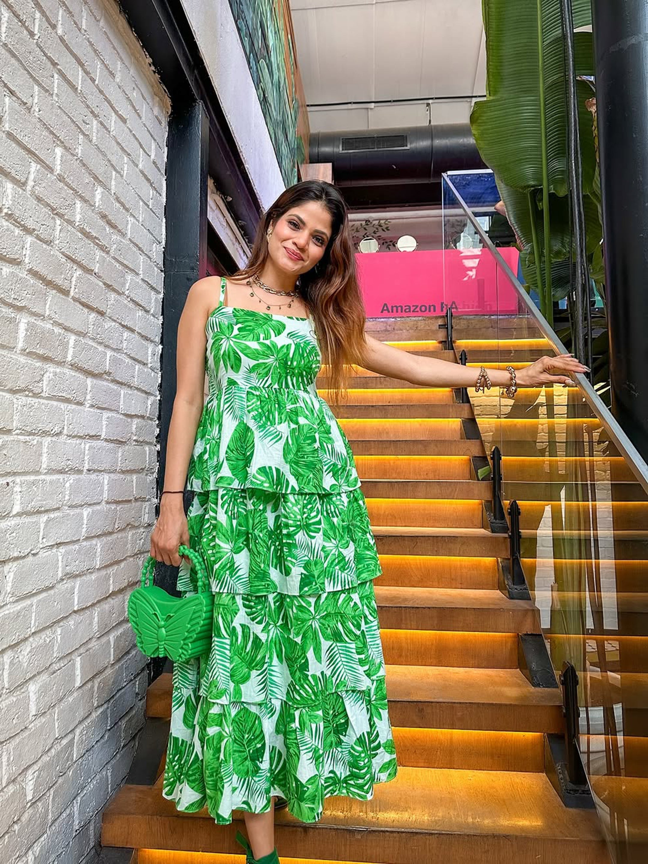 Women Green Leaf Printed Frill Strappy Midi Dress