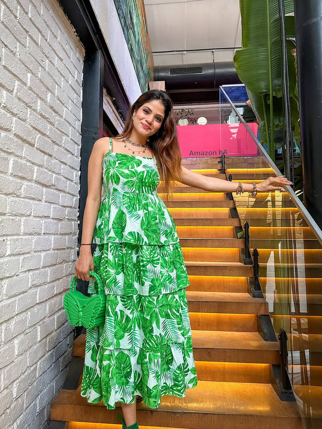 Women Green Leaf Printed Frill Strappy Midi Dress