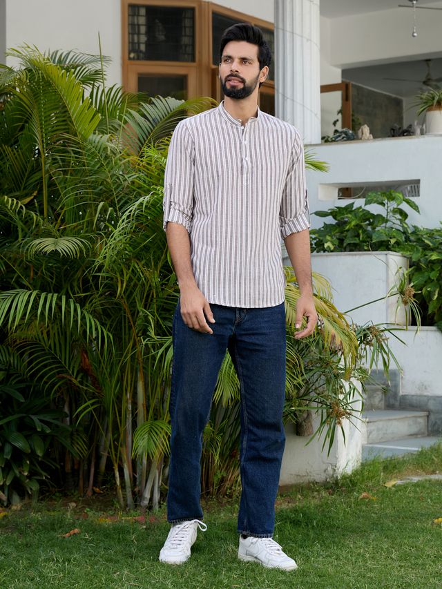 Men Brown Woven Striped Cotton Short Kurta