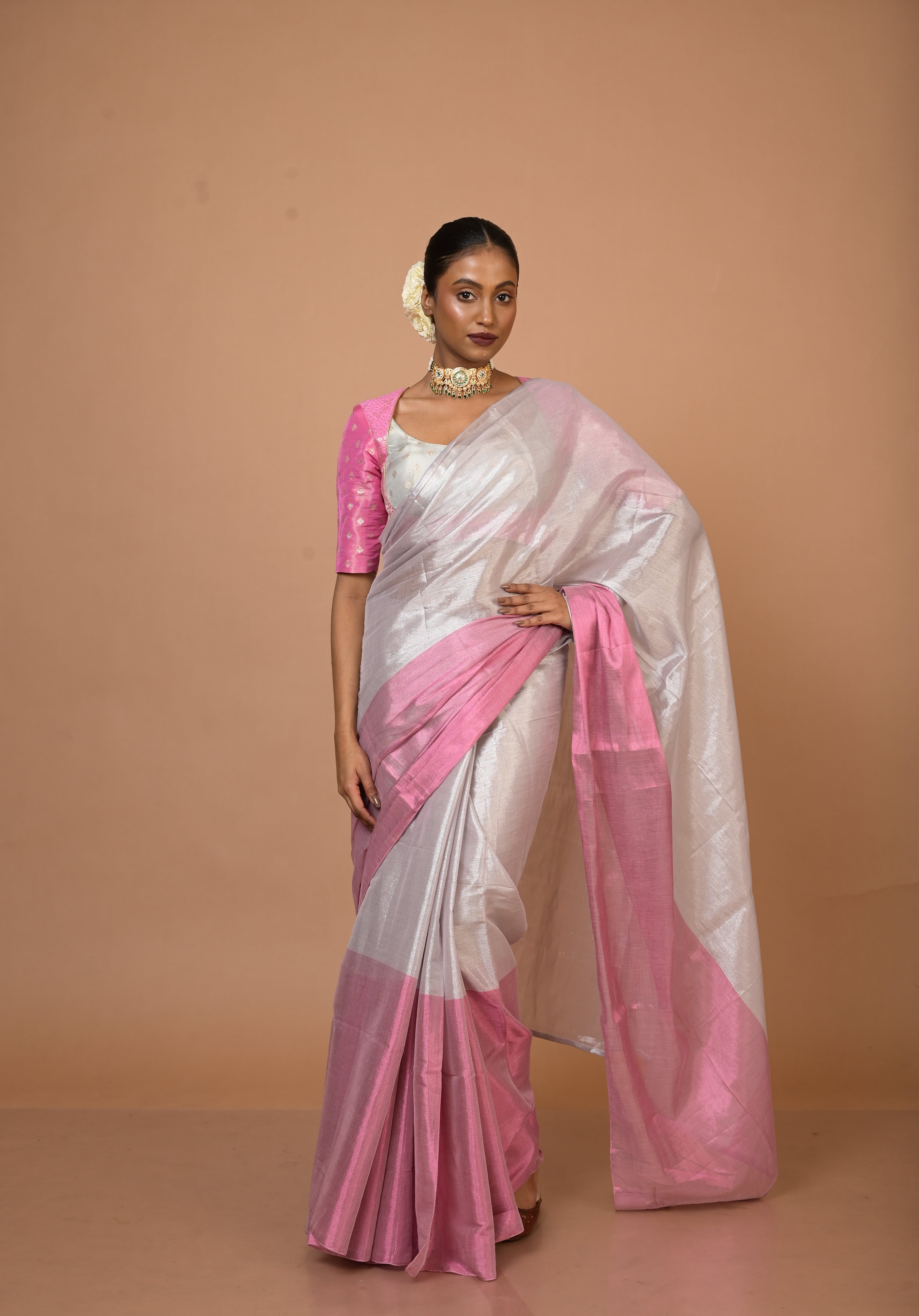 Sugandha Silver and Pink Handloom Tissue Saree