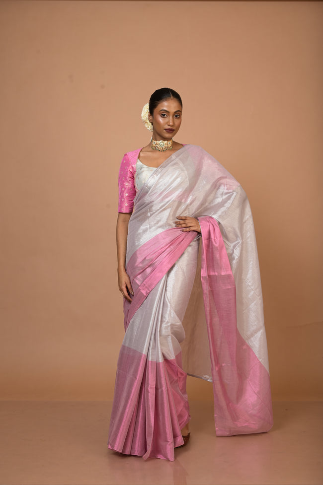 Sugandha Silver and Pink Handloom Tissue Saree