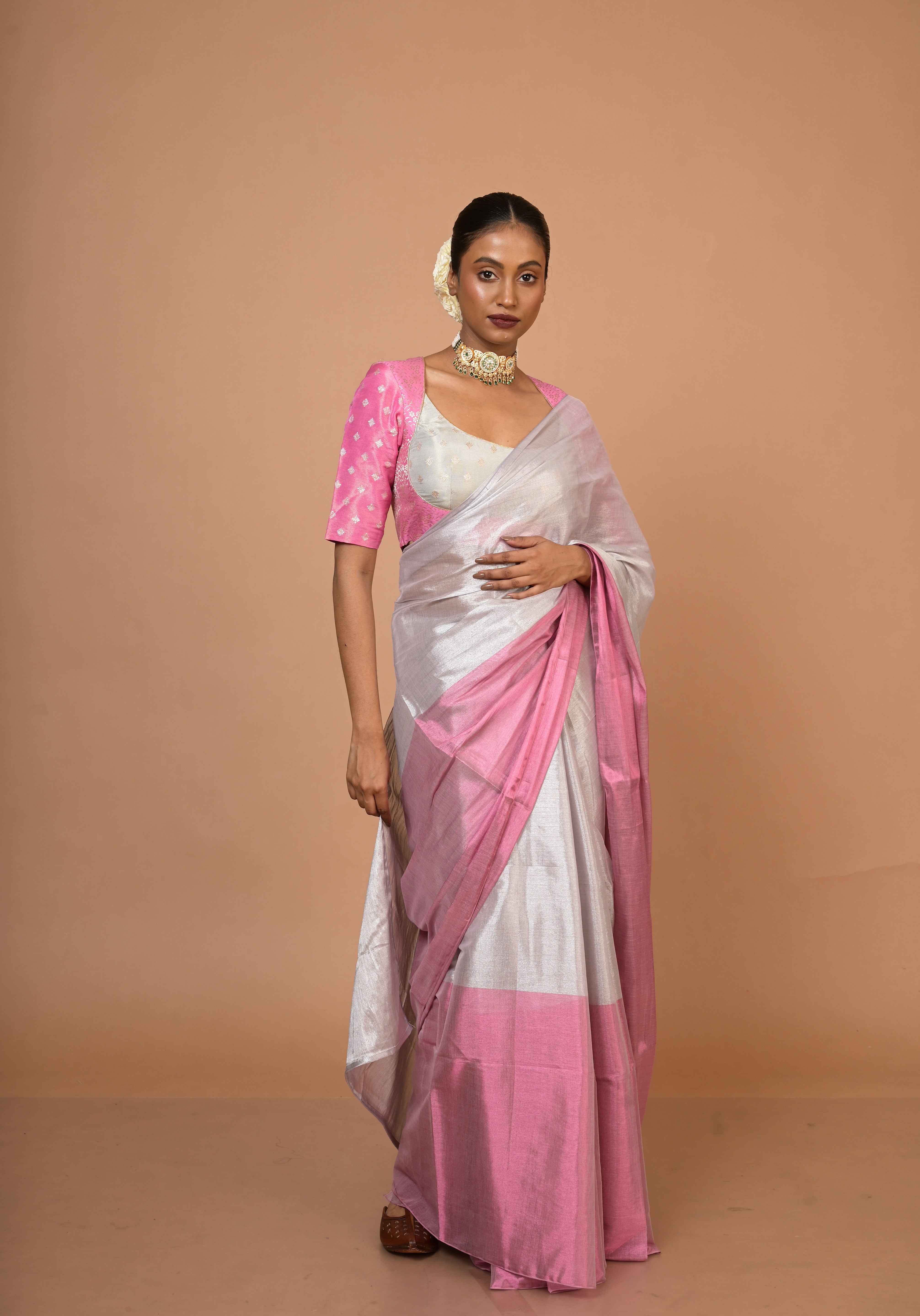 Sugandha Silver and Pink Handloom Tissue Saree