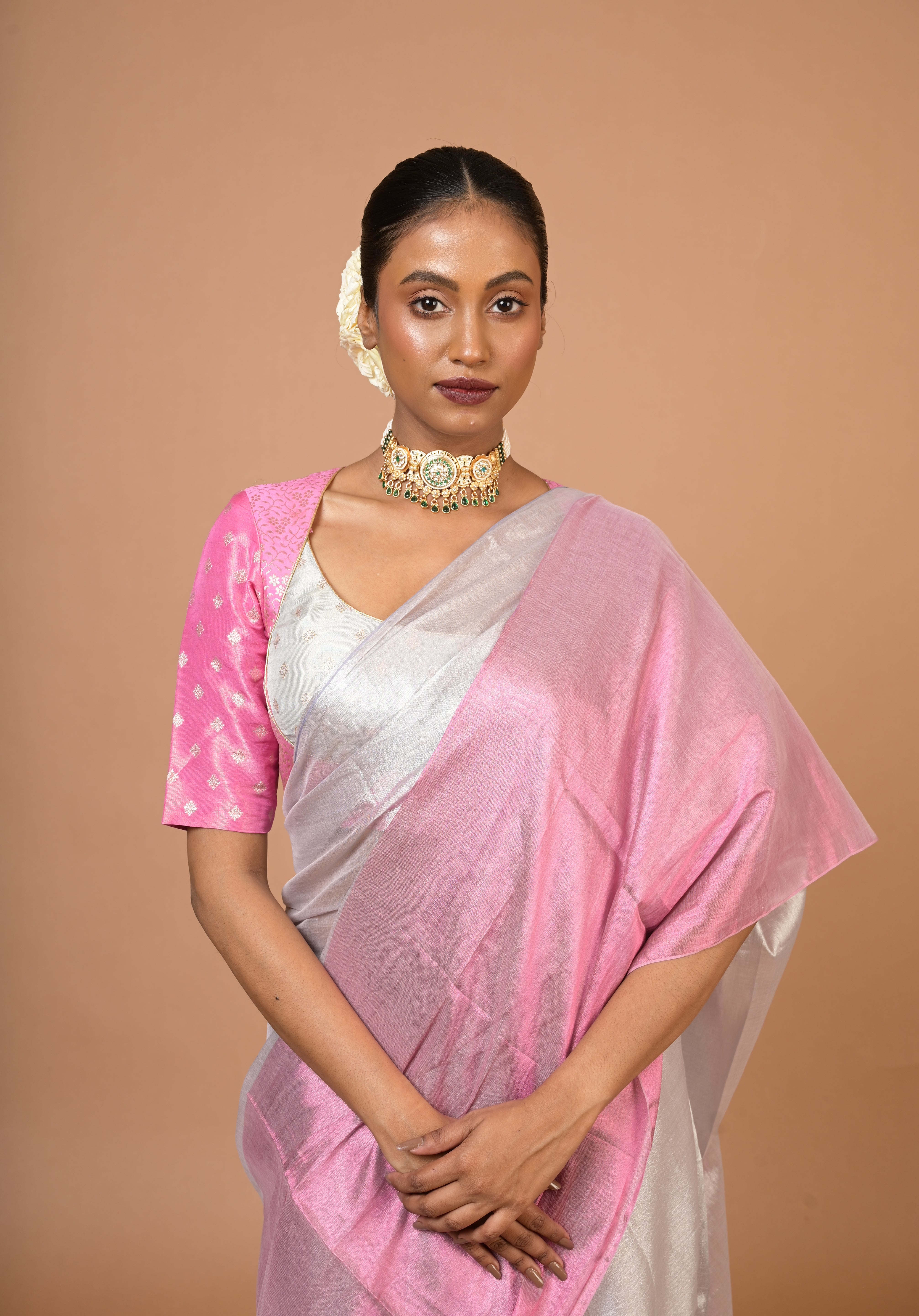 Sugandha Silver and Pink Handloom Tissue Saree