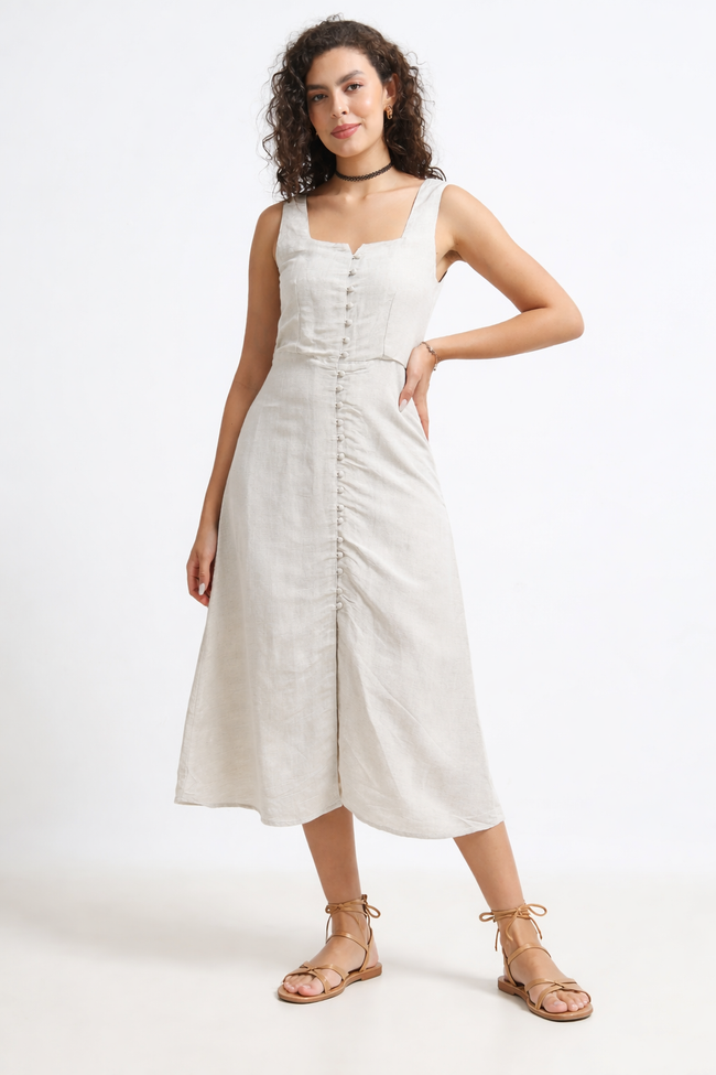 Women Beige Linen Blend Dress
