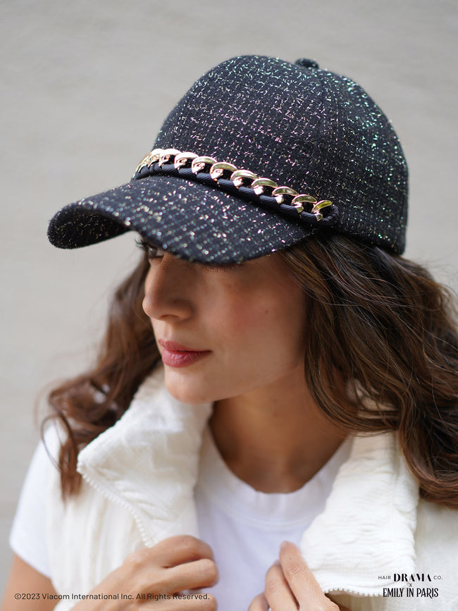 Women Black Tweed Baseball Cap With Gold Chain