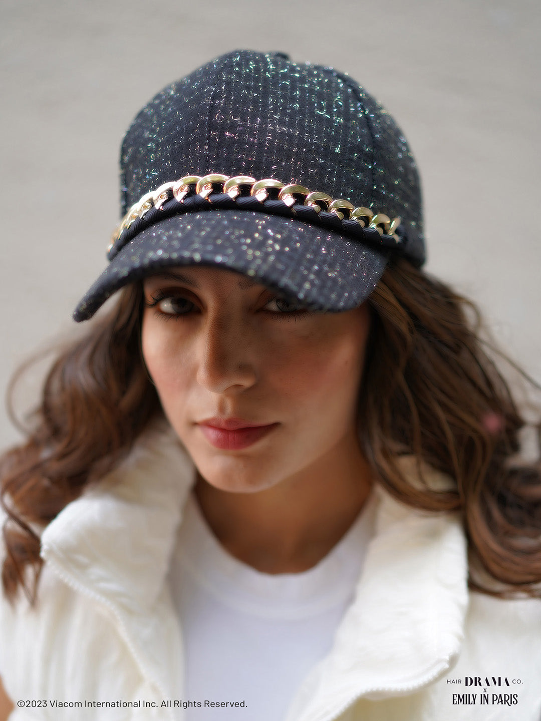 Women Black Tweed Baseball Cap With Gold Chain