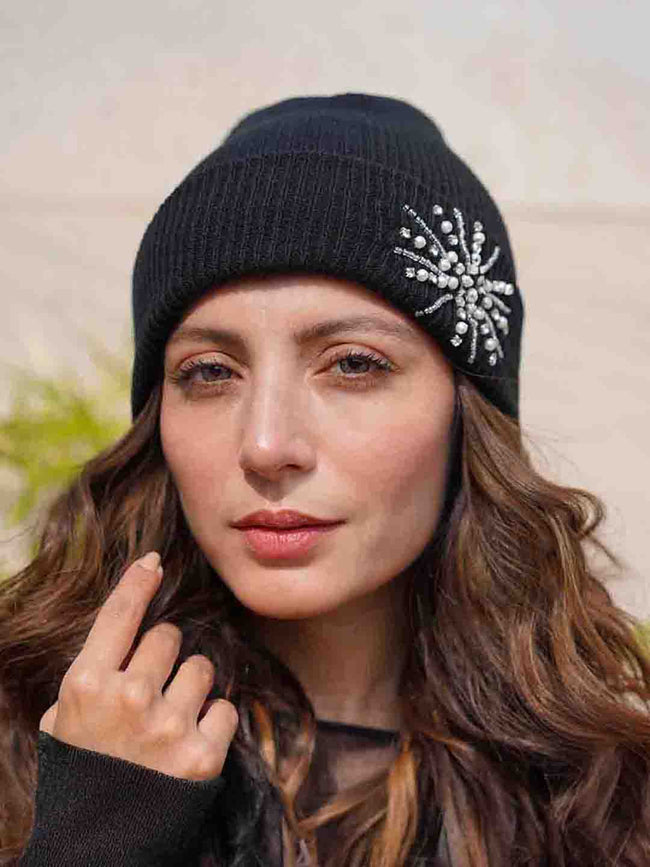 Black Beanie with Pearls & Crystals