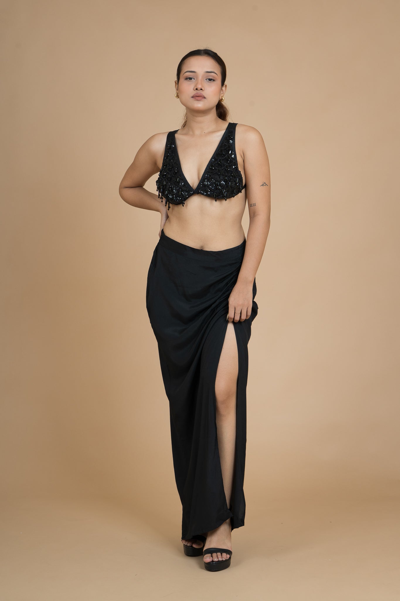 Women Black Rain Draped Cotton Skirt