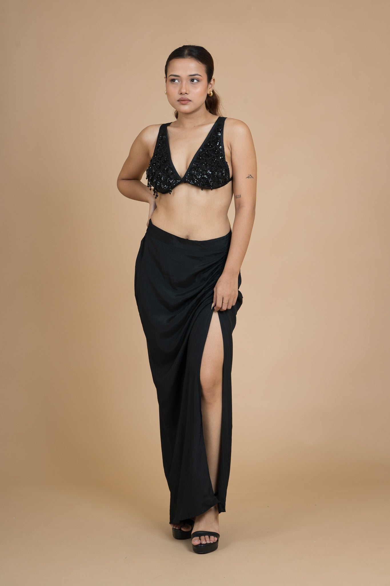 Women Black Rain Draped Cotton Skirt