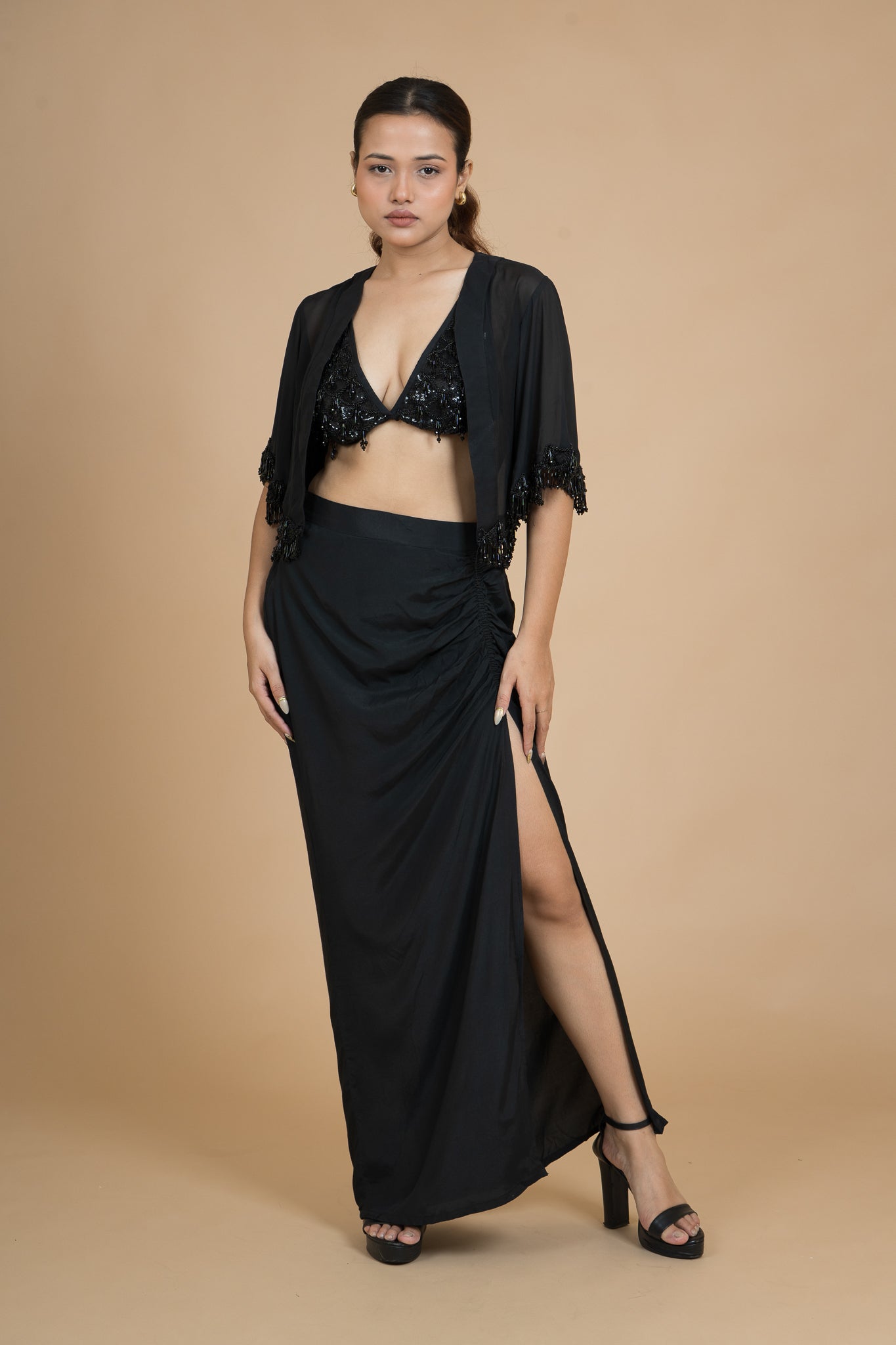 Women Black Rain Draped Cotton Skirt