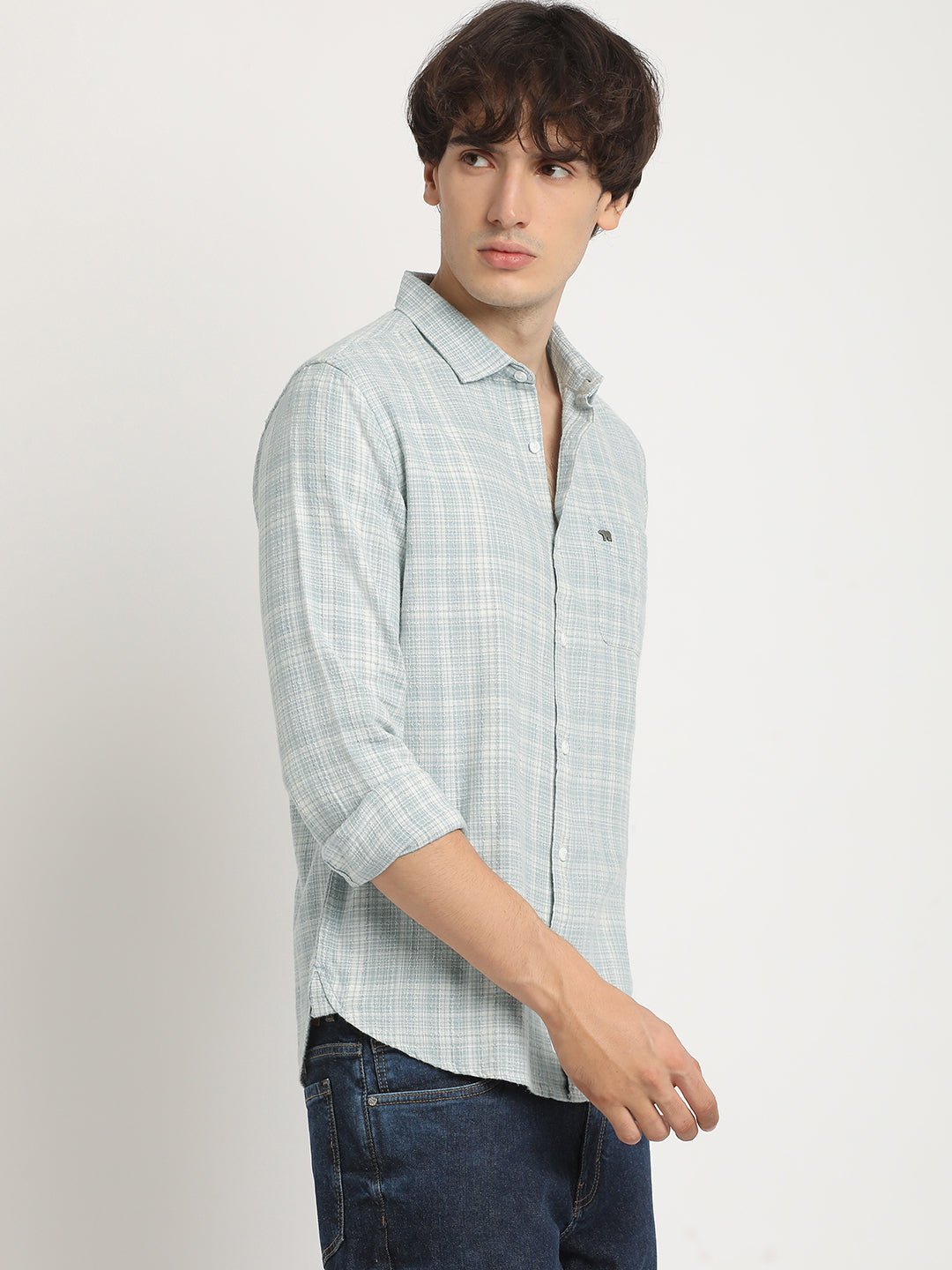Men  Blue Checked Slim Fit Cotton Casual Shirt