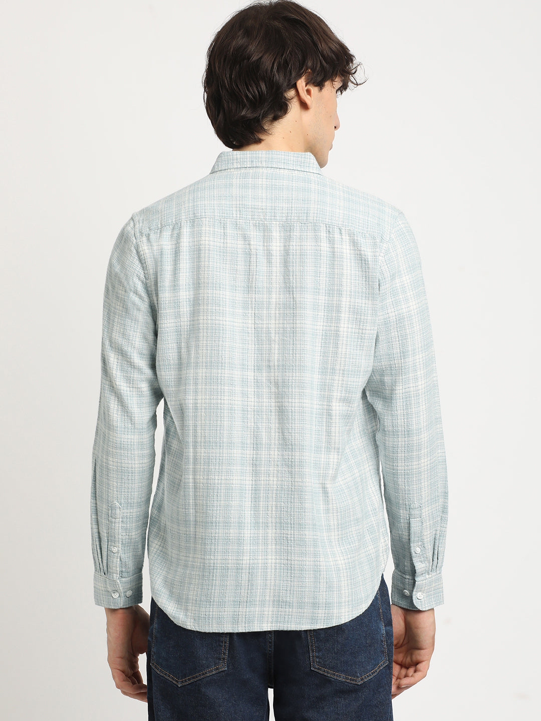 Men  Blue Checked Slim Fit Cotton Casual Shirt