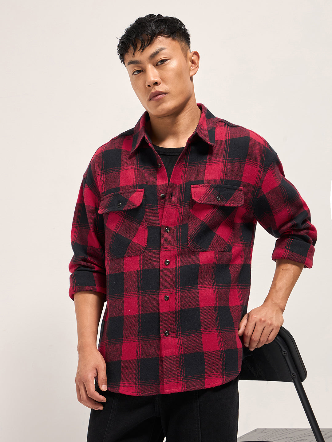 Men Red & Black Tartan Check Relaxed Fit Shacket