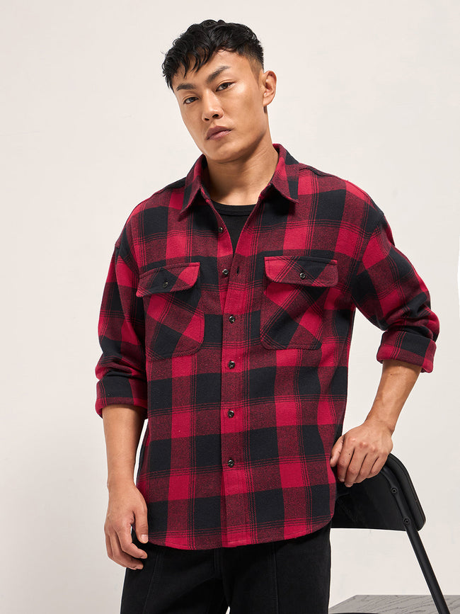 Men Red & Black Tartan Check Relaxed Fit Shacket