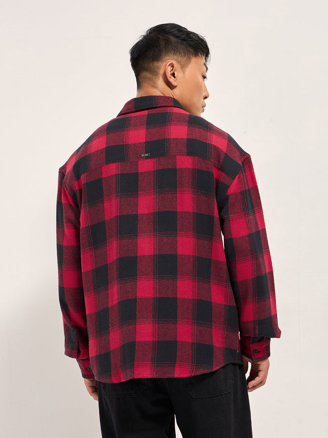 Men Red & Black Tartan Check Relaxed Fit Shacket