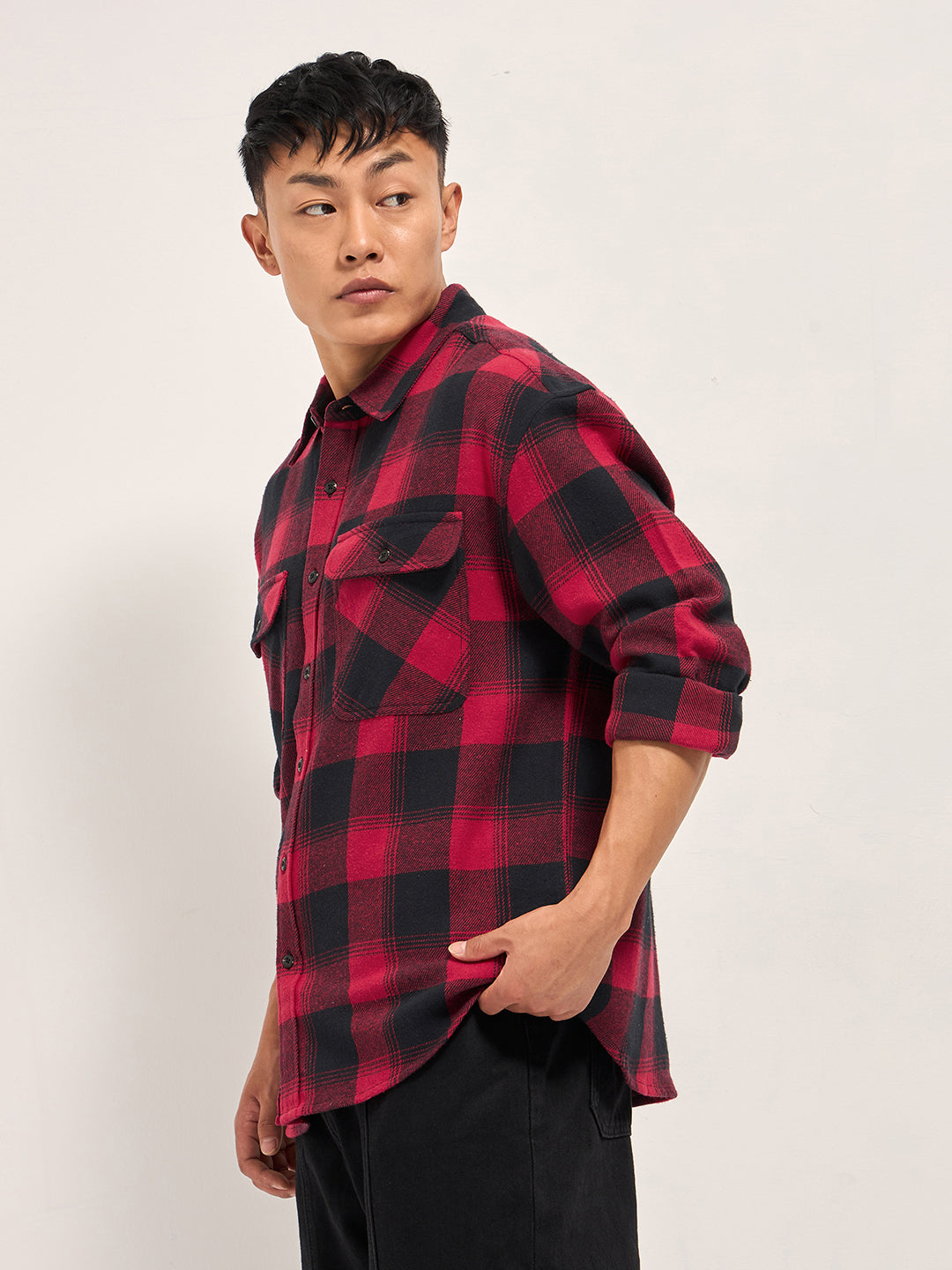 Men Red & Black Tartan Check Relaxed Fit Shacket