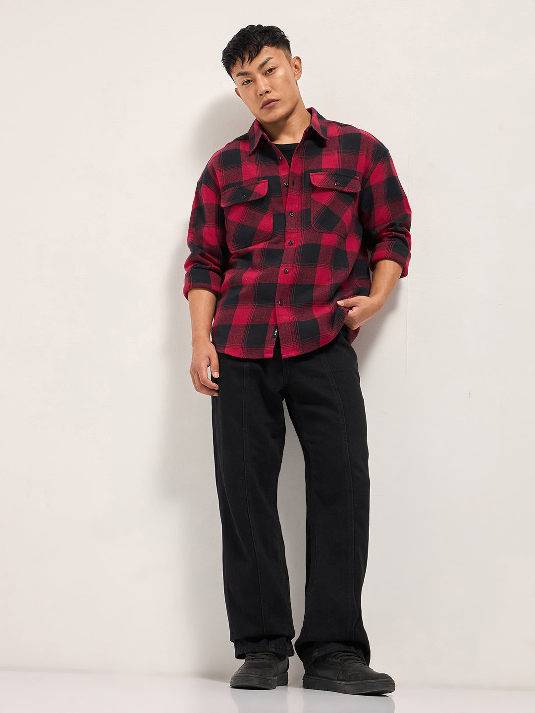 Men Red & Black Tartan Check Relaxed Fit Shacket
