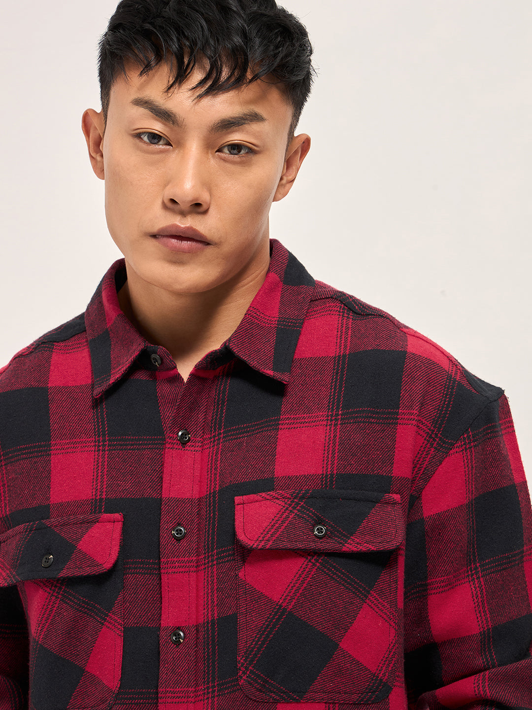 Men Red & Black Tartan Check Relaxed Fit Shacket