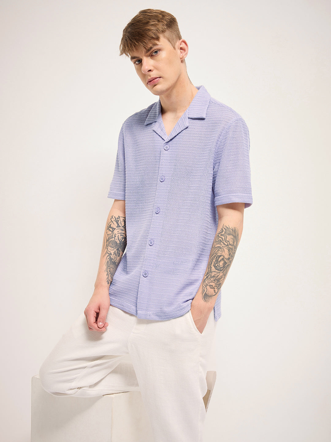 Men Purple Self Design Regular Fit Casual Shirt