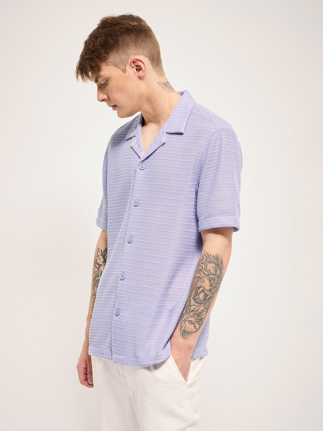 Men Purple Self Design Regular Fit Casual Shirt