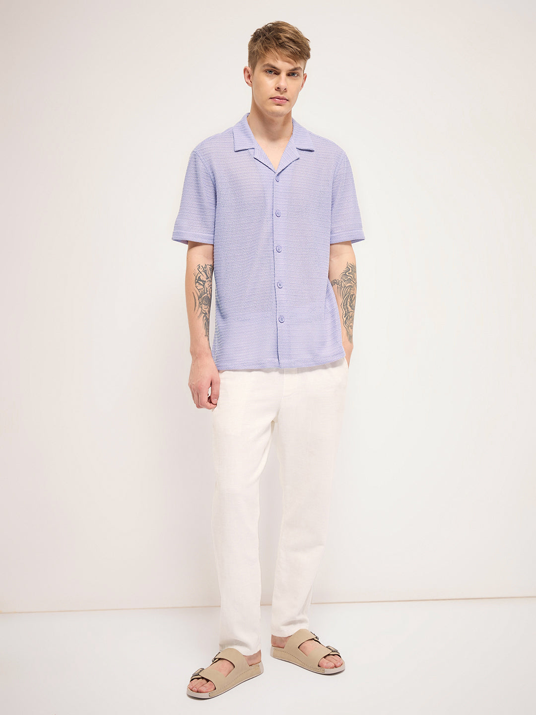 Men Purple Self Design Regular Fit Casual Shirt
