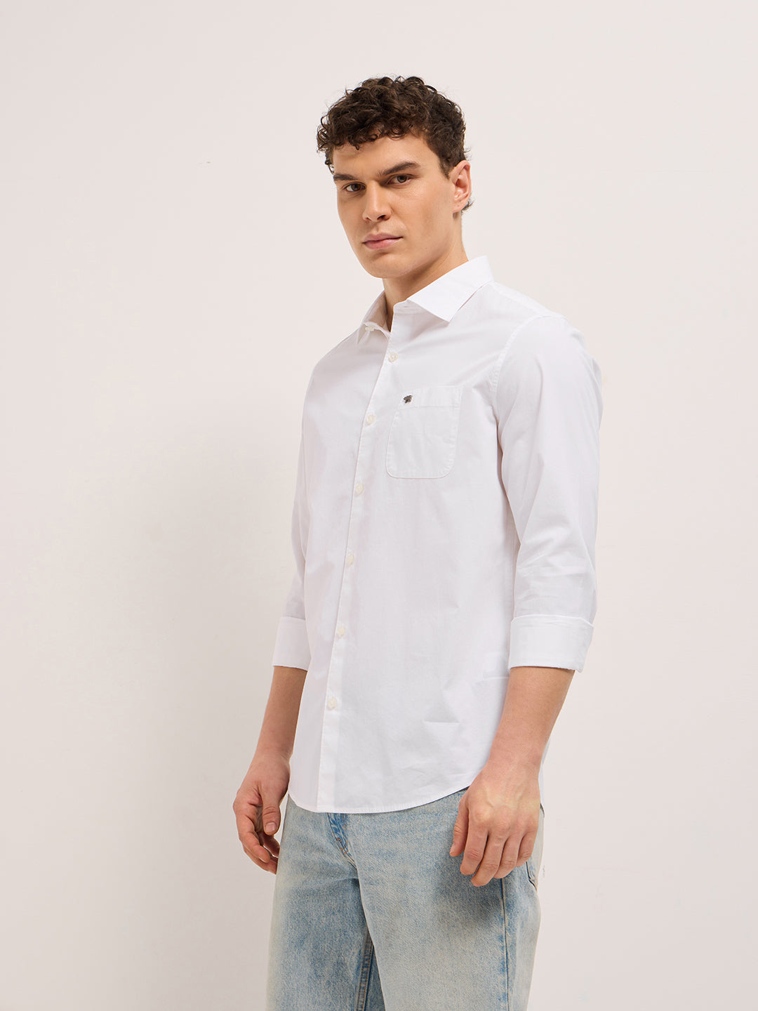 Men White Cotton Solid Slim Fit Casual Shirt