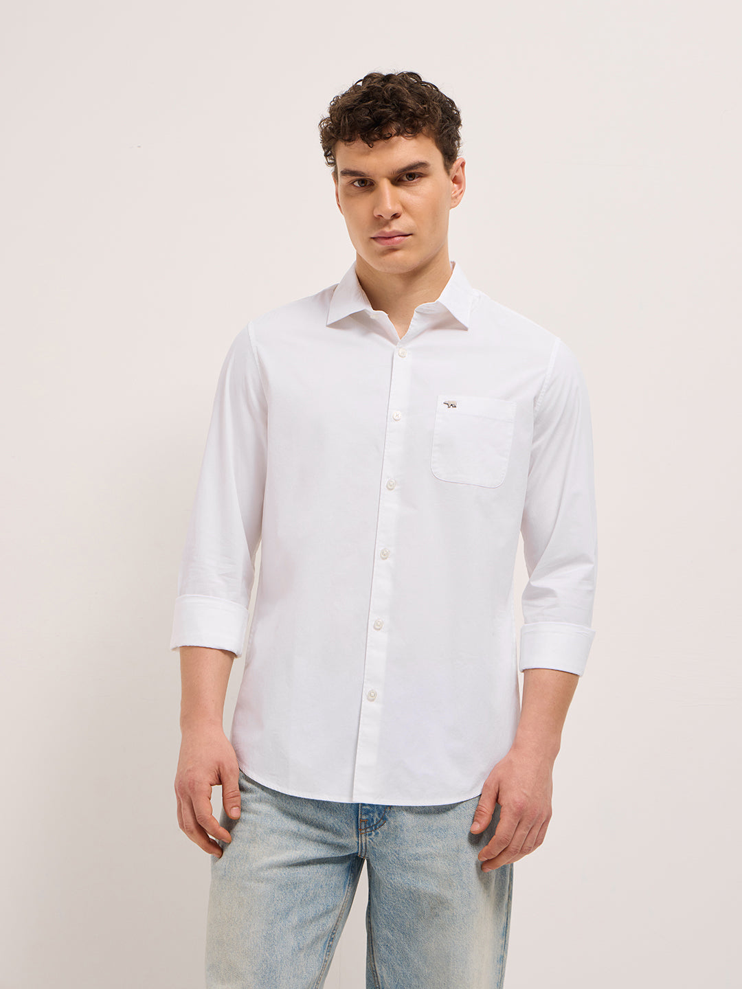 Men White Cotton Solid Slim Fit Casual Shirt