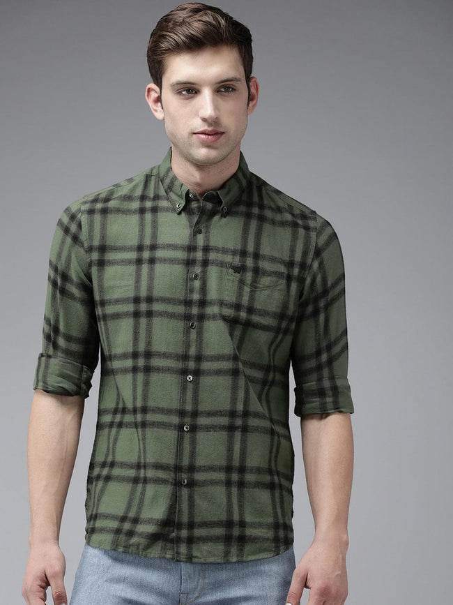 Men Aketo Green checked Slim Fit Flannel Cotton Casual Shirt