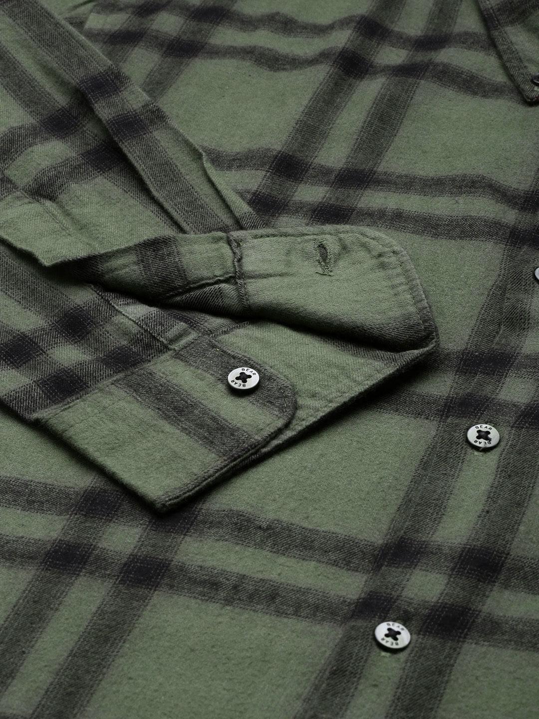 Men Aketo Green checked Slim Fit Flannel Cotton Casual Shirt