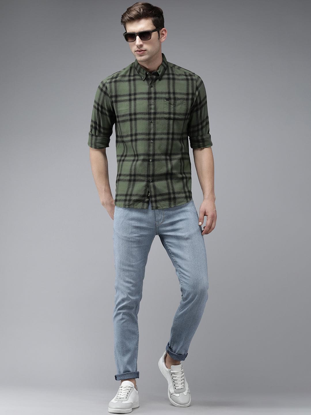 Men Aketo Green checked Slim Fit Flannel Cotton Casual Shirt