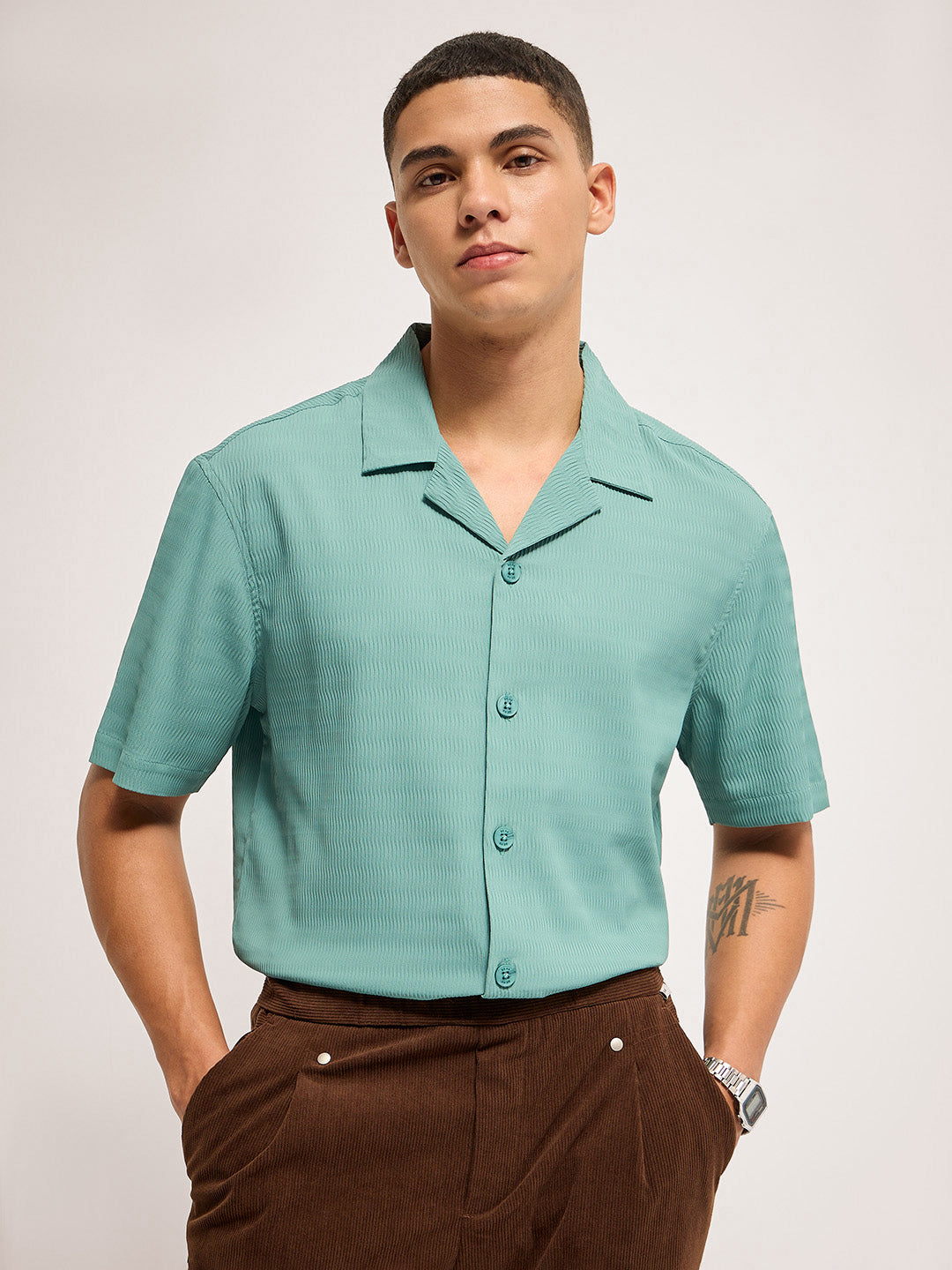 Men Teal Self Design Regular Fit Casual Shirt