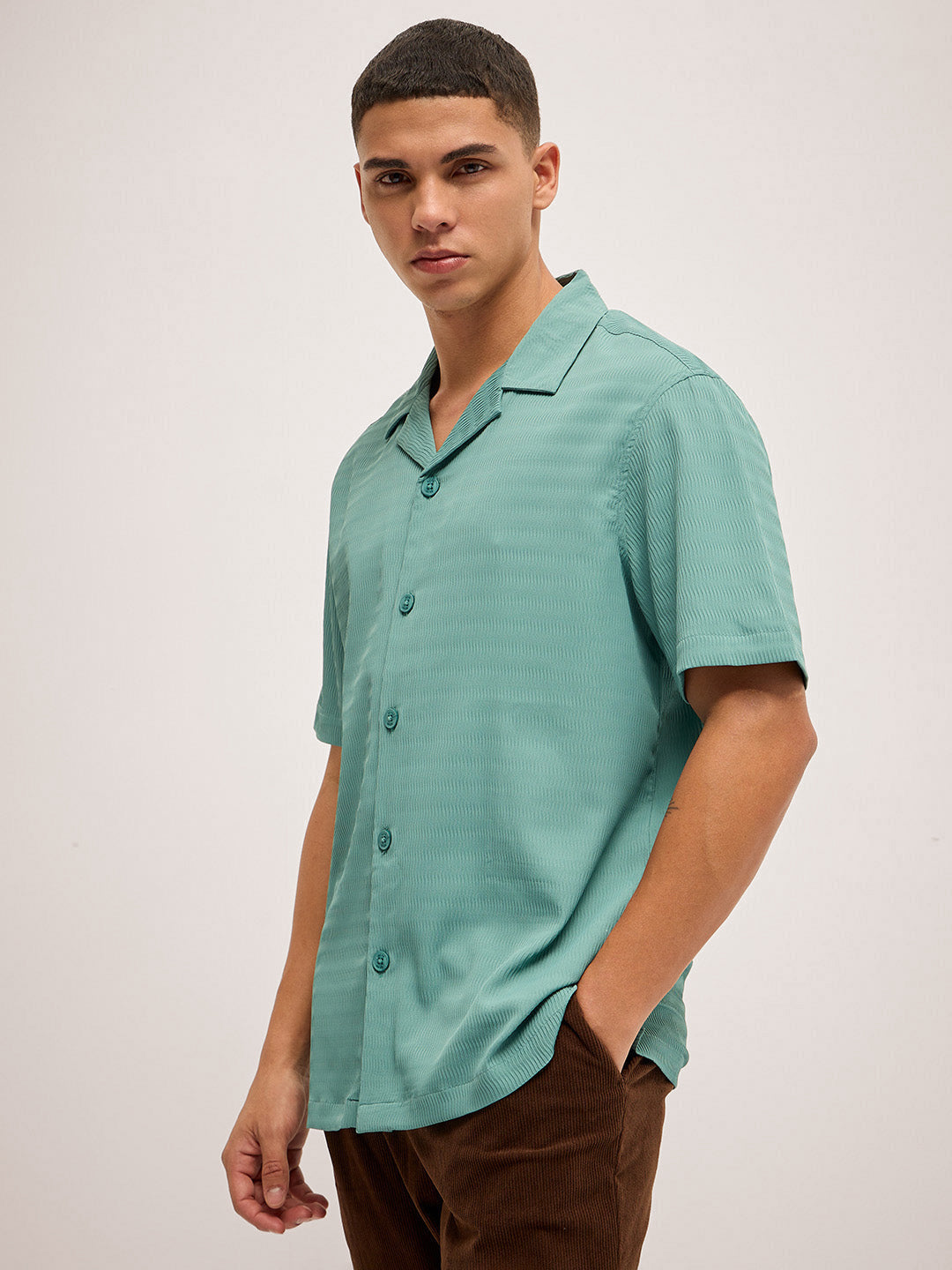 Men Teal Self Design Regular Fit Casual Shirt