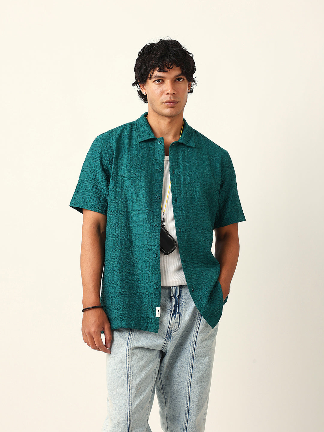 Men Green Nylon Textured Shirt