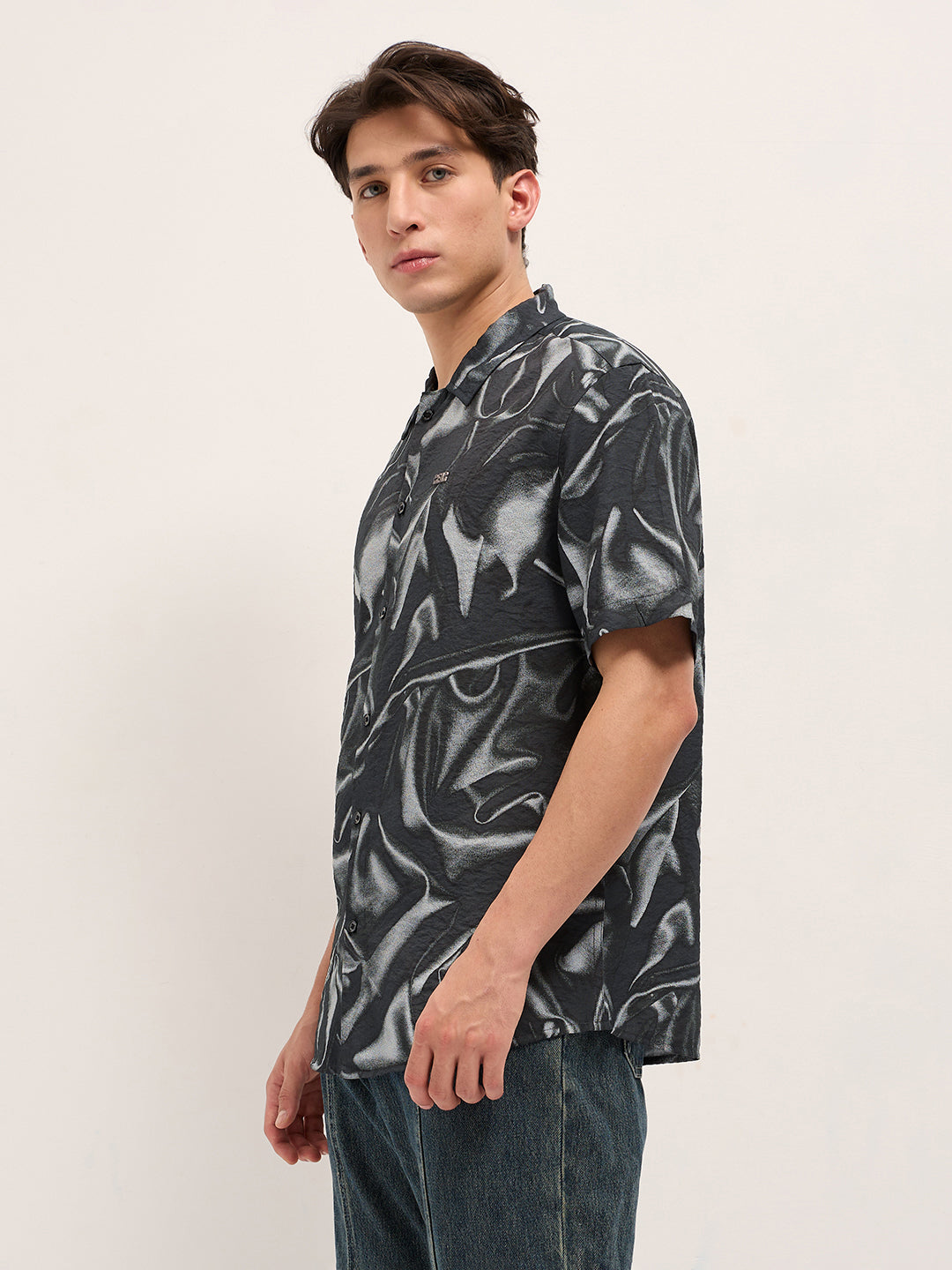 Men Black Digital Print Relaxed Fit Casual Shirt in Nylon Viscose