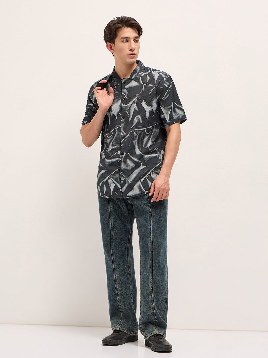 Men Black Digital Print Relaxed Fit Casual Shirt in Nylon Viscose