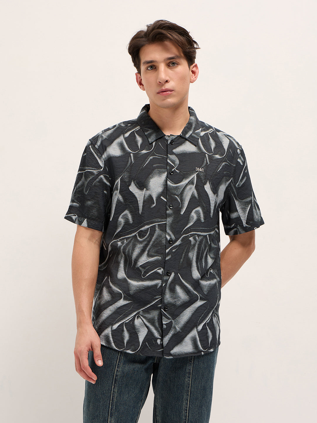 Men Black Digital Print Relaxed Fit Casual Shirt in Nylon Viscose