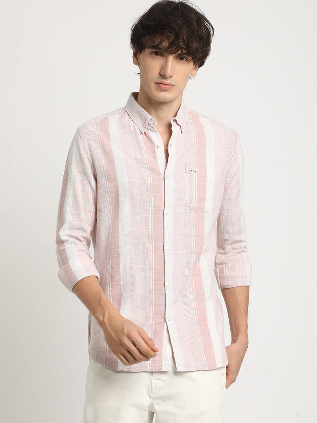 Men Pink Striped Slim Fit Cotton Casual Shirt
