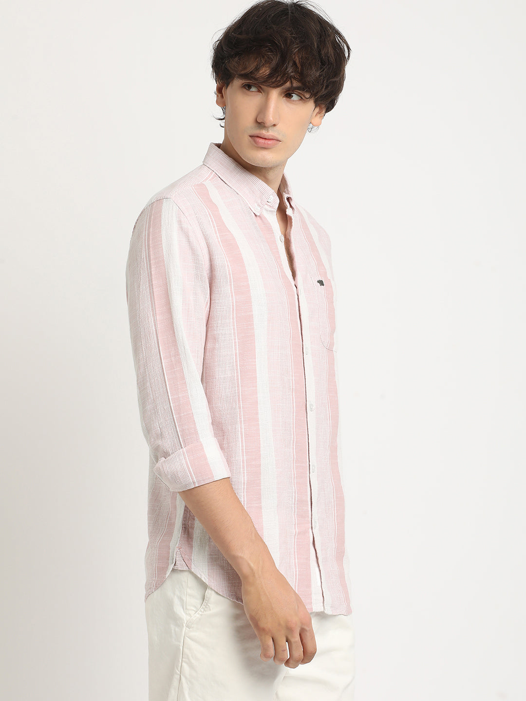 Men Pink Striped Slim Fit Cotton Casual Shirt