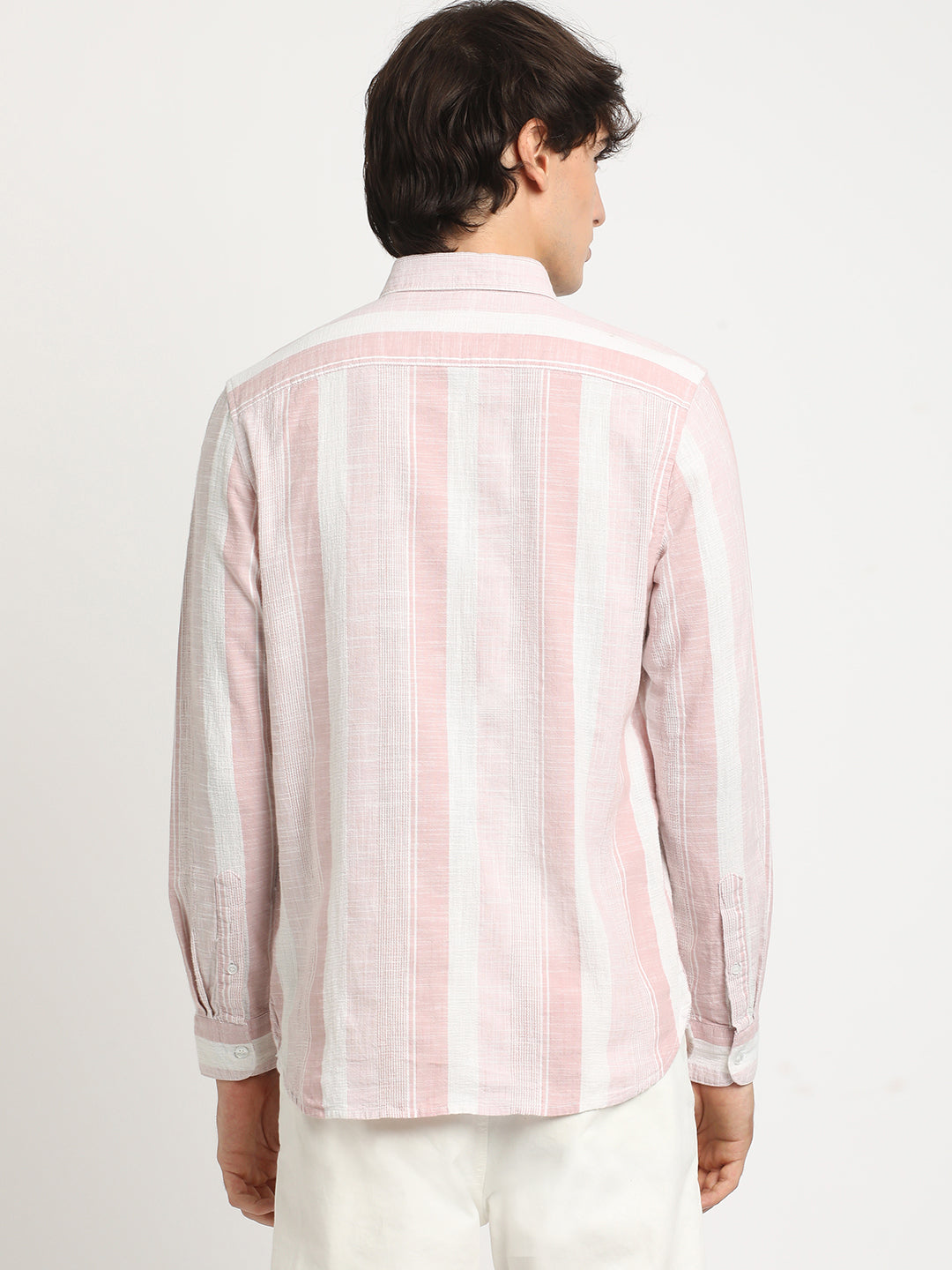 Men Pink Striped Slim Fit Cotton Casual Shirt